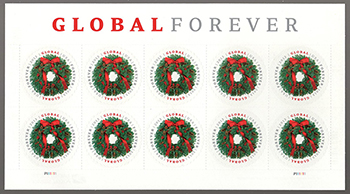 U.S. #4814 Global - Evergreen Wreath, Pane of 10