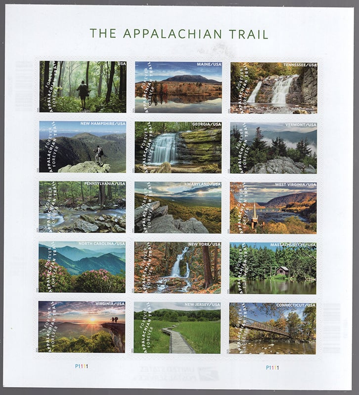 U.S. #5960 The Appalachian Trail, pane of 15