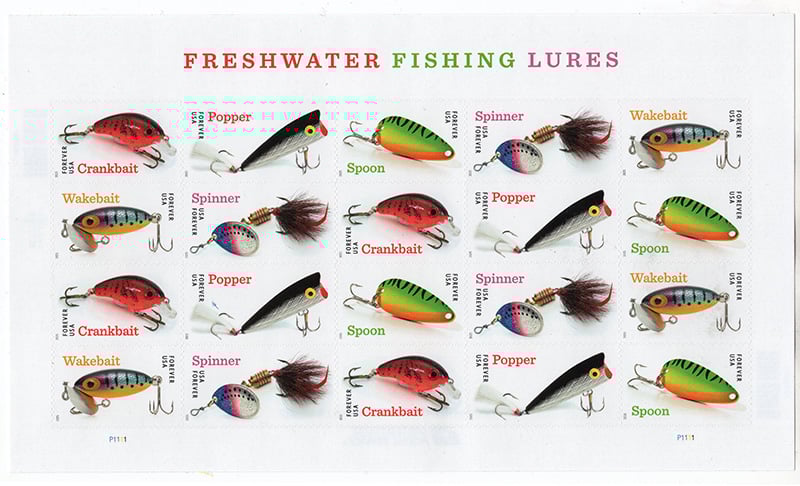 U.S. #5965 Freshwater Fishing Lures, pane of 20