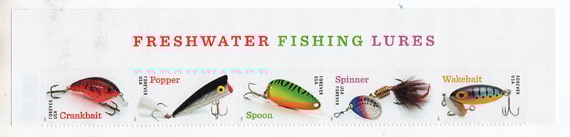 U.S. #5965a Freshwater Fishing Lures, strip of 5 Top Mast