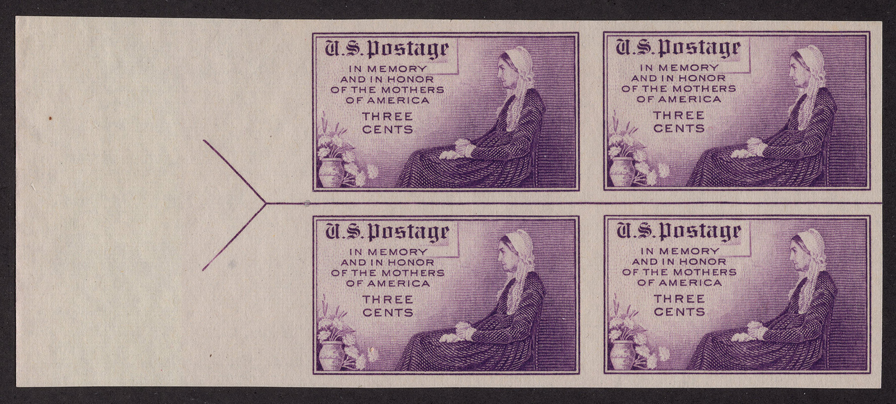 U.S. #754 Mothers of America Horizontal Line Block of 4 w/arrow left