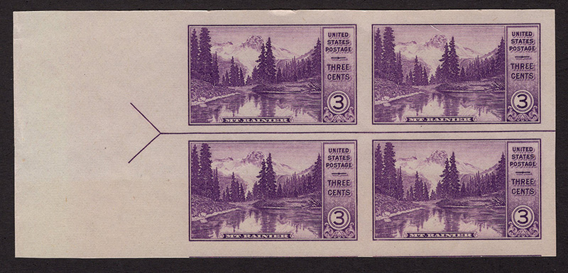 U.S. #758 Mt Rainier Horizontal Line Block of 4 w/arrow right or left