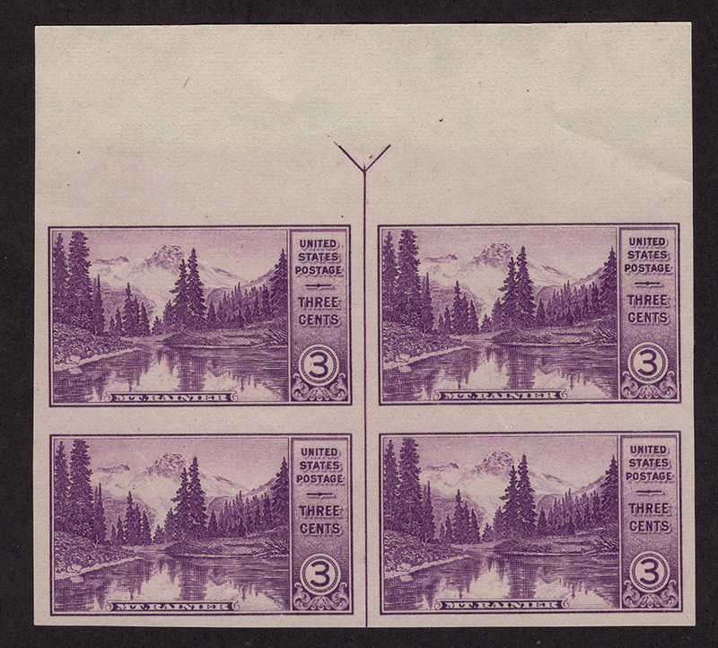 U.S. #758 Mt Rainier Vertical Line Block of 4 w/arrow top or bottom