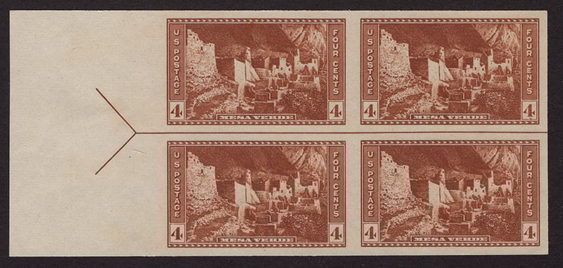 U.S. #759 Mesa Verde Horizontal Line Block of 4 w/arrow right or left