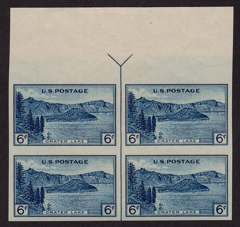U.S. #761 Crater Lake Vertical Line Block of 4 w/arrow top or bottom