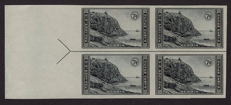 U.S. #762 Acadia Park Horizontal Line Block of 4 w/arrow right or left