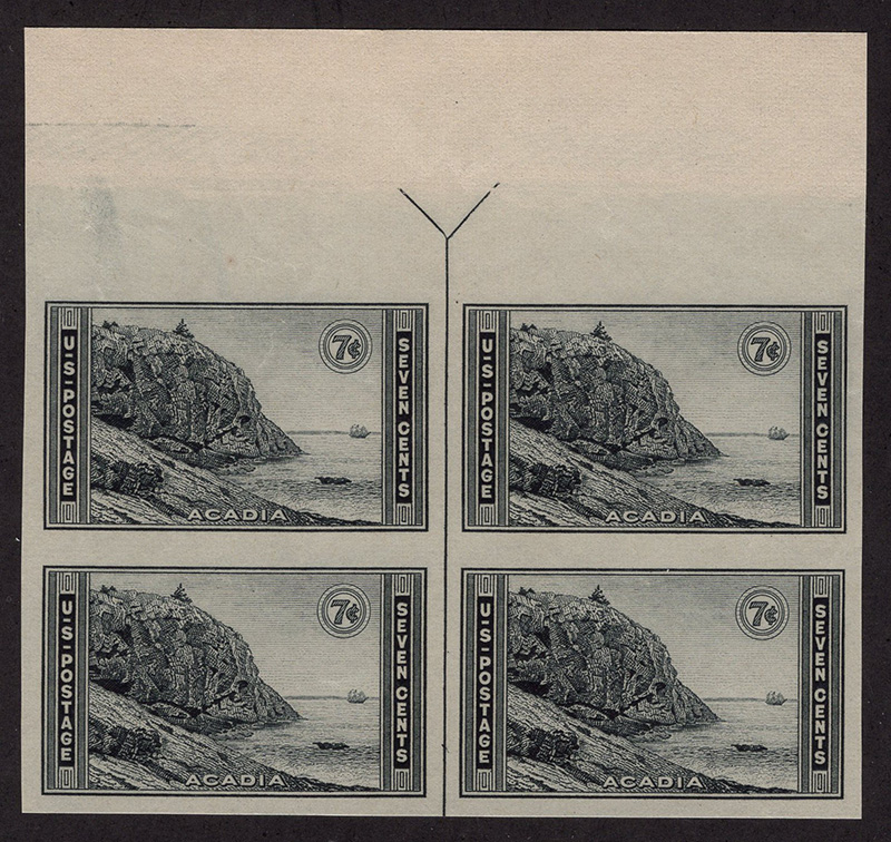 U.S. #762 Acadia Park Vertical Line Block 4 w/arrow top or bottom