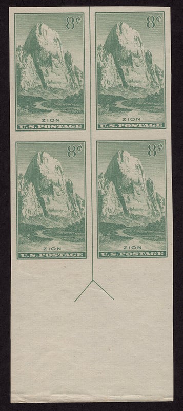 U.S. #763 Zion Park Vertical Line Block of 4 w/arrow top or bottom