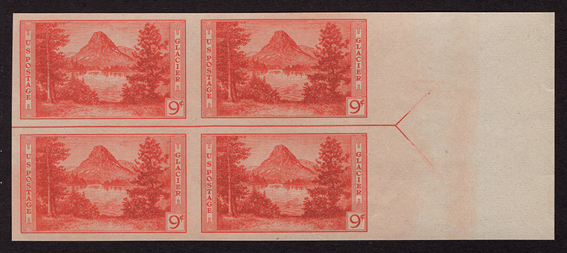 U.S. #764 Glacier Park Horizontal Line Block of 4 w/arrow right or left
