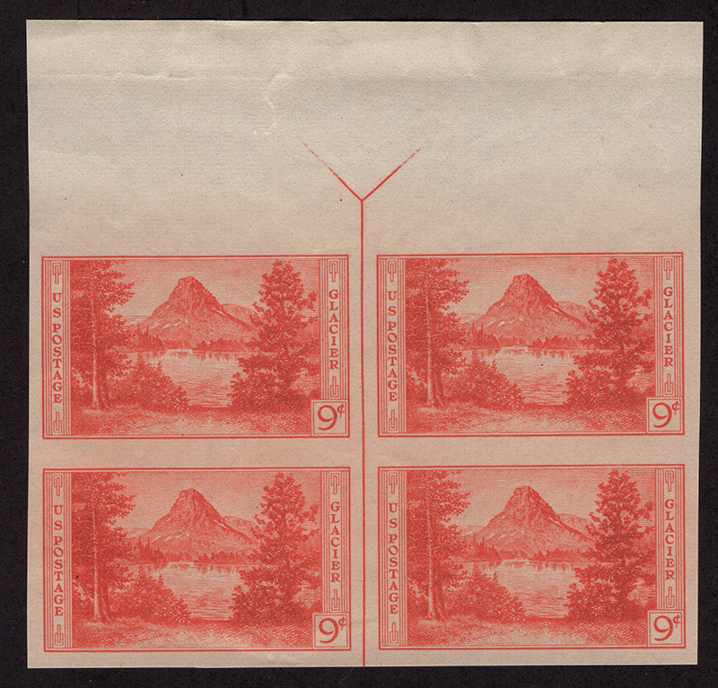 U.S. #764 Glacier Park Vertical Line Block of 4 w/arrow top or bottom