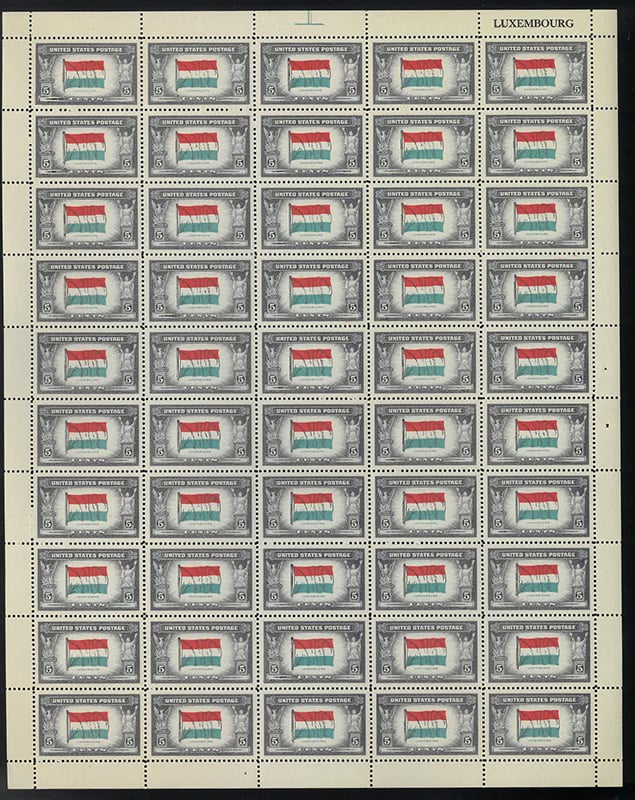 U.S. #912 Flag of Luxembourg Pane of 50