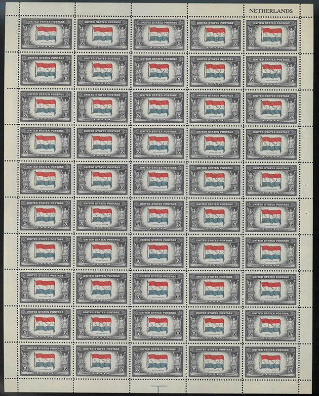 U.S. #913 Flag of Netherlands Pane of 50