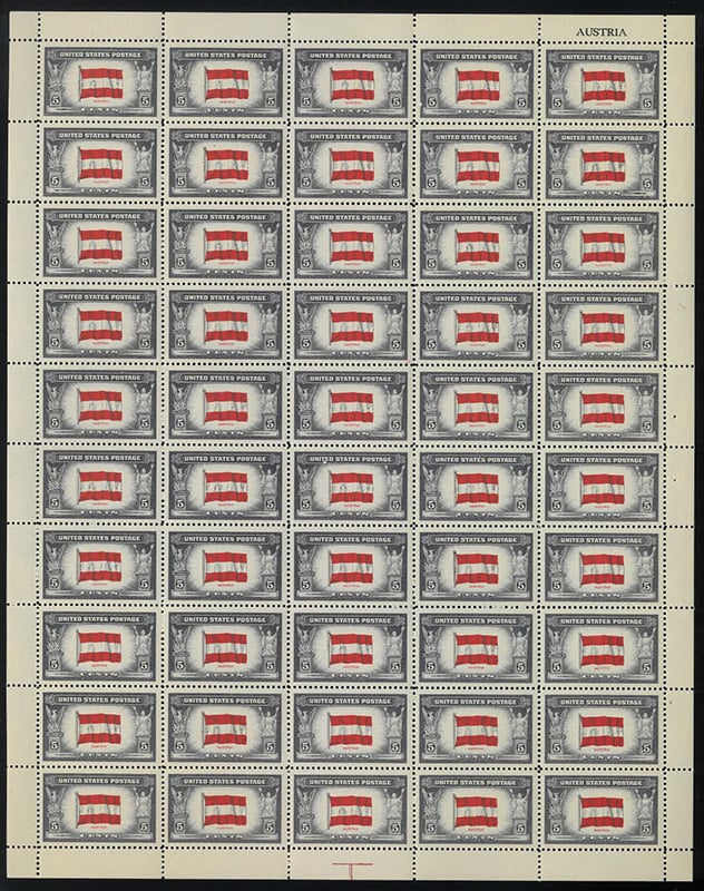 U.S. #919 Flag of Austria Pane of 50