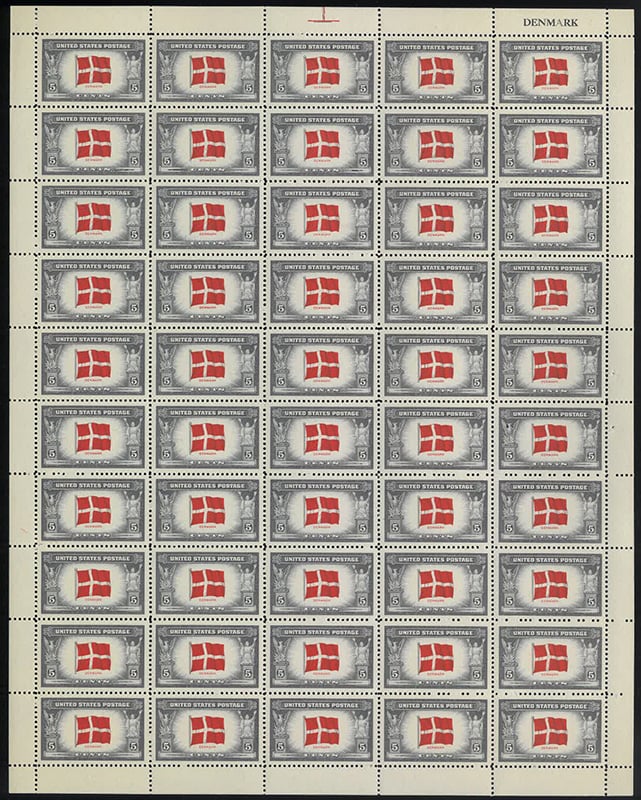 U.S. #920 Flag of Denmark Pane of 50