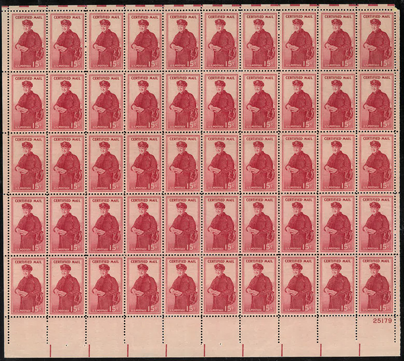 U.S. #FA1 Certified Mail Stamp pane of 50