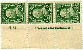 U.S. #279 P# Inscription Strip of 3 - Mint