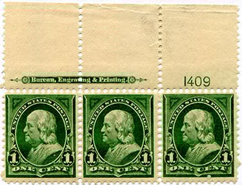U.S. #279 P# Inscription Strip of 3 - Mint