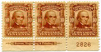 U.S. #307 Plate Number strip of 3 - Mint