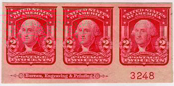 U.S. #320 Inscription Strip of 3 - Mint