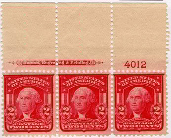 U.S. #319 Mint, Inscription Strip of 3
