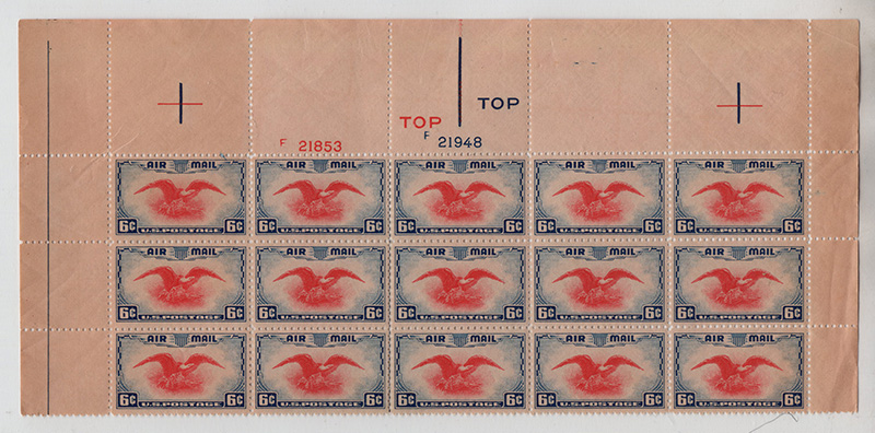 U.S. #C23 6c Eagle Holding Shield TOP PNB of 15